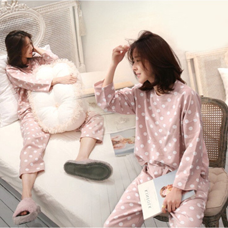 Set Đồ Ngủ Áo Tay Dài Hoạ Tiết Chấm Bi + Quần Dài | BigBuy360 - bigbuy360.vn