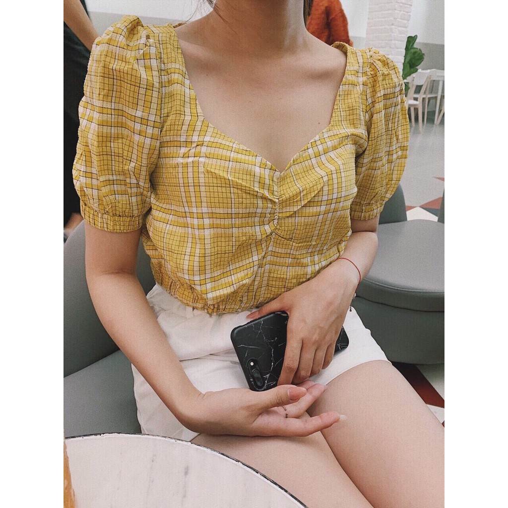 Áo mili caro crop (hình thật trải sàn)