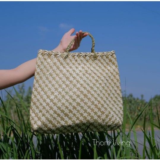 Giỏ đi chợ đan phối hoa văn hoạ tiết nanh sói quai đeo vai