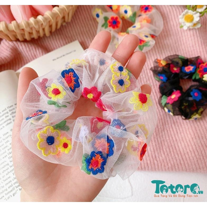Thun buộc tóc Scrunchies trong suốt Hoa Cúc - Cầu Vồng - Hoa Sắc Màu - Hạt sắc màu Ánh kim Dâu Tây