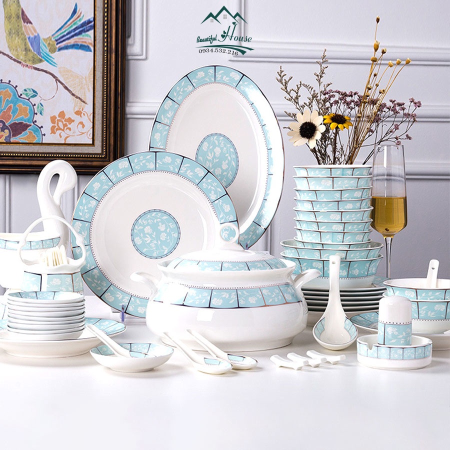 Set Bát Đĩa Cao Cấp Họa Tiết Xanh Ngọc - Chất Liệu Sứ Xương Đẹp Hoạ Tiết M05