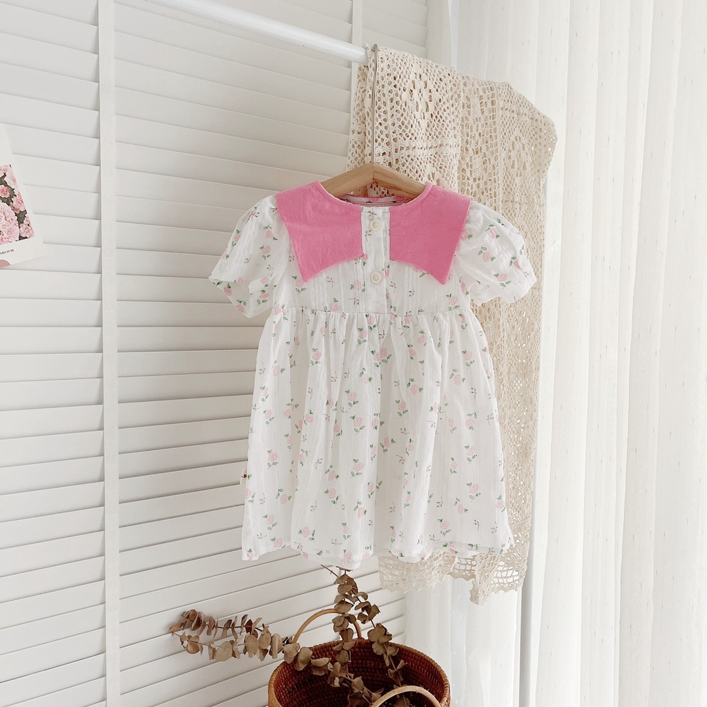 Váy hè cộc tay hoa nhí nền trắng cổ yếm phối màu cho bé 8-21kg (6 tháng-6 tuổi)- Chất thô boi mềm mát