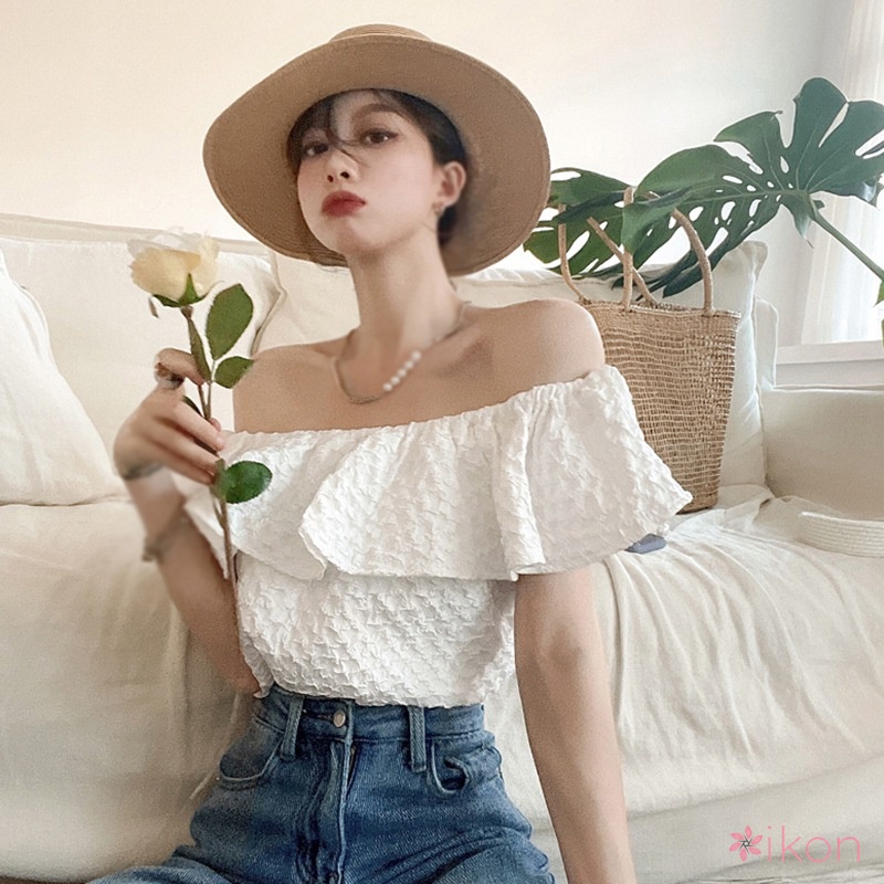 Áo Croptop Trễ Vai Tay Ngắn Màu Sắc Thanh Lịch