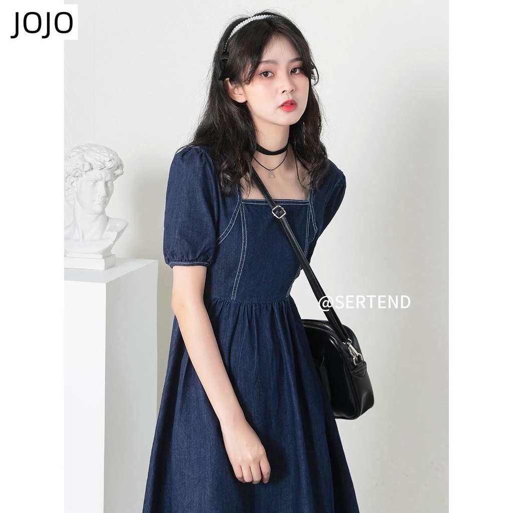 Đầm Denim Cổ Vuông Tay Phồng Thời Trang Mùa Hè Pháp Cổ Điển Dành Cho Nữ