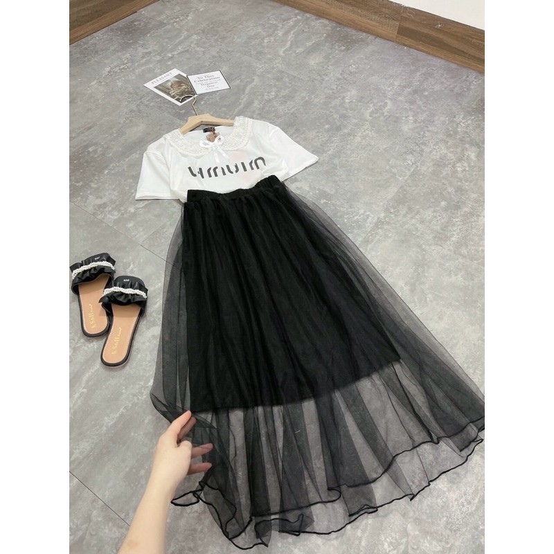 Sét áo phông cổ bèo ren nơ mix chân váy dập ly 2 lớp cực xinh luôn ạ Chất áo cotton tàu | BigBuy360 - bigbuy360.vn