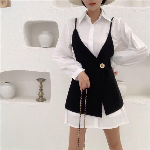 Sét 2 món áo gile cúc 2 dây mix sơ mi thụng siêu cá tính