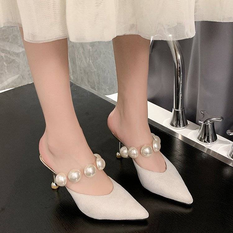 Giày cao gót mũi nhọn đính ngọc trai giả thời trang cho nữ cao 8cm