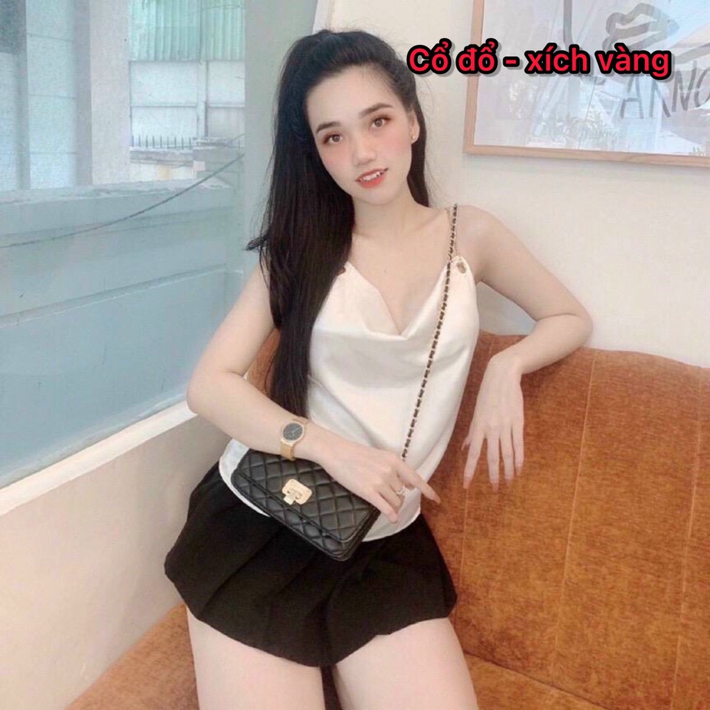 Áo kiểu 2 dây cổ đổ phi lụa bóng phối xích vàng aloha shop91