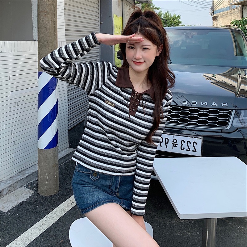 Áo dệt kim ZHELIHANGFEI tay dài cổ bẻ cột dây họa tiết kẻ sọc thời trang trẻ trung cho nữ