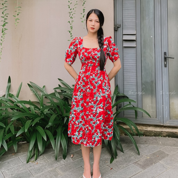 Đầm công sở cổ vuông tay lỡ hoa hồng THE MAPLE Size L