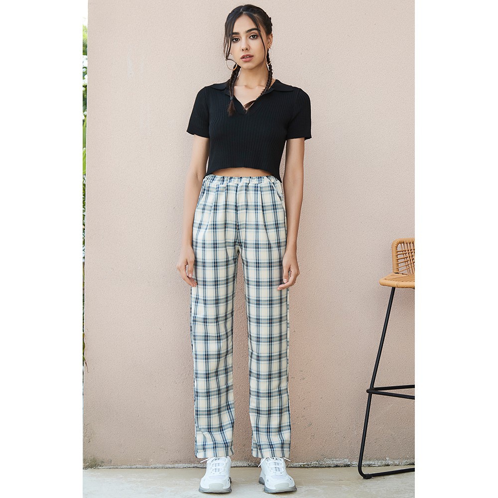 Quần dài Lovito L02064 lưng cao họa tiết sọc caro màu xanh dương thời trang cho nữ