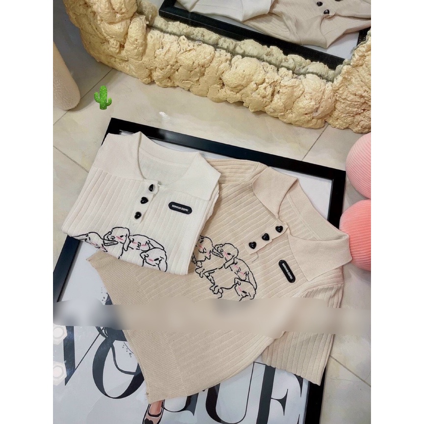 Áo polo nữ ôm body tay ngắn in hình 3 chú thỏ vải thun gân co giãn mềm mại năng động PC171