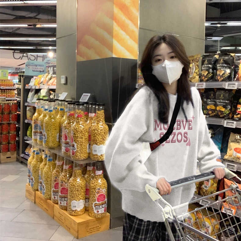 Áo sweater SELVZE tay dài cổ tròn dáng rộng in họa tiết thời trang đường phố Mỹ cho nữ