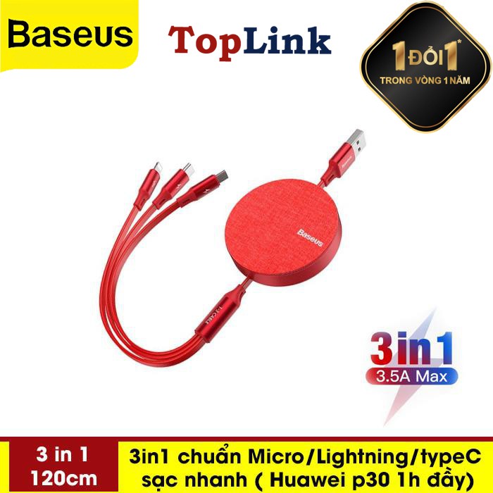 Cáp Sạc Dây Rút Baseus 3 in1 Có Thể Thu Vào Cáp Chuẩn Micro USB, Type C, Lightning Cho Iphone Xs Max Xr X Samsung Xiaomi