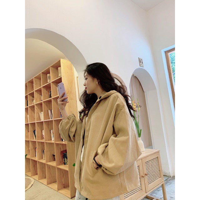 Áo nhung lì tay phồng có mũ dáng rộng, Áo khoác nhung lì kéo khóa tay phồng | BigBuy360 - bigbuy360.vn