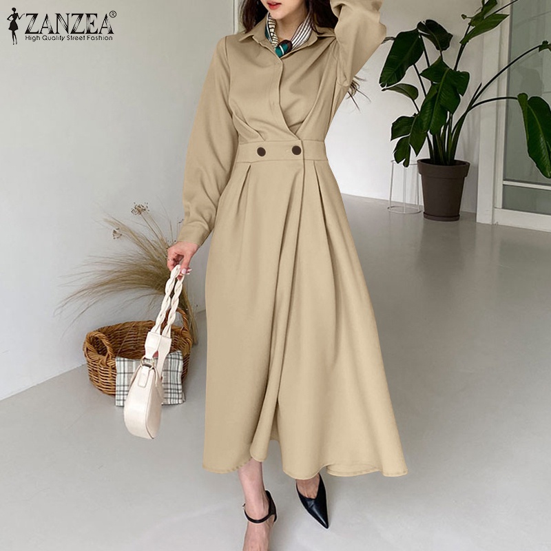 Đầm maxi Zanzea thời trang nữ dài tay eo cao co giãn xếp ly phong cách hàn quốc