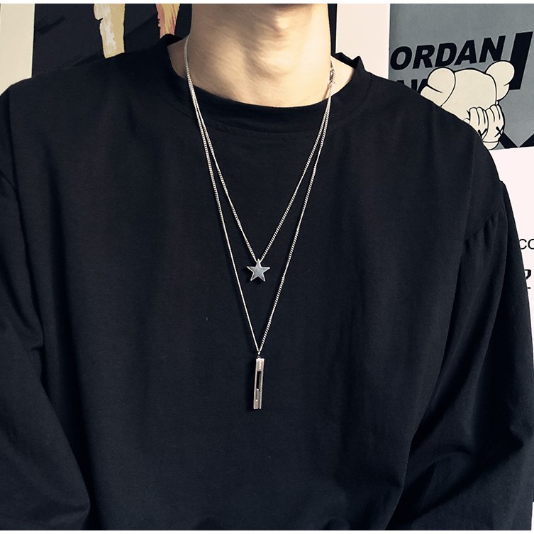 Dây chuyền titan nam unisex 2 tầng ngôi sao và thanh dài không gỉ UN200404
