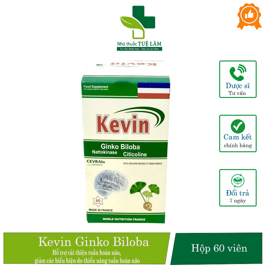 Bổ não Kevin Ginko Biloba (chính hãng) hộp 60 viên giúp hỗ trợ hoạt huyết, dưỡng não, cải thiện tuần hoàn não
