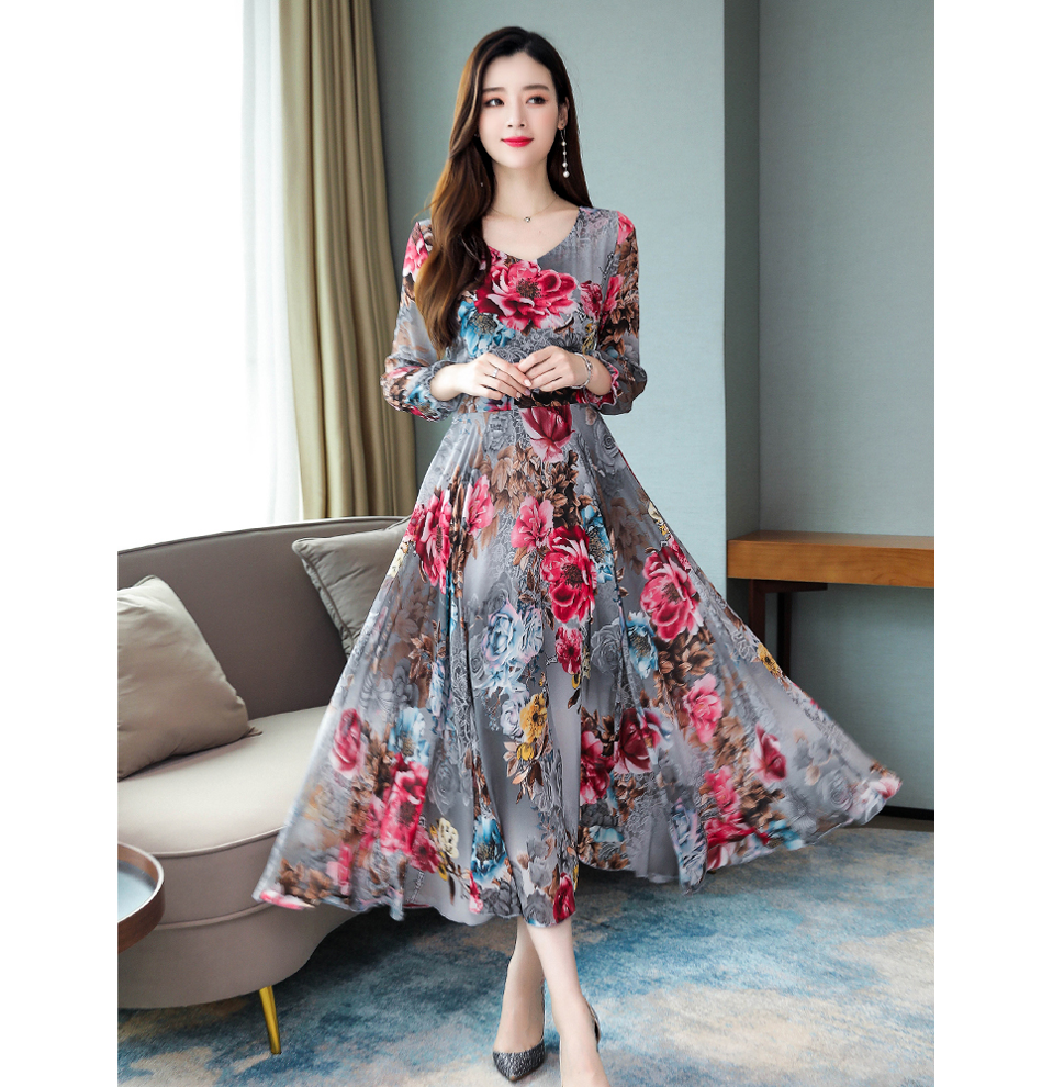 Đầm Maxi Tay Dài Hoạ Tiết Hoa Thiết Kế Cổ Chữ V Thanh Lịch Size M~3Xl | BigBuy360 - bigbuy360.vn