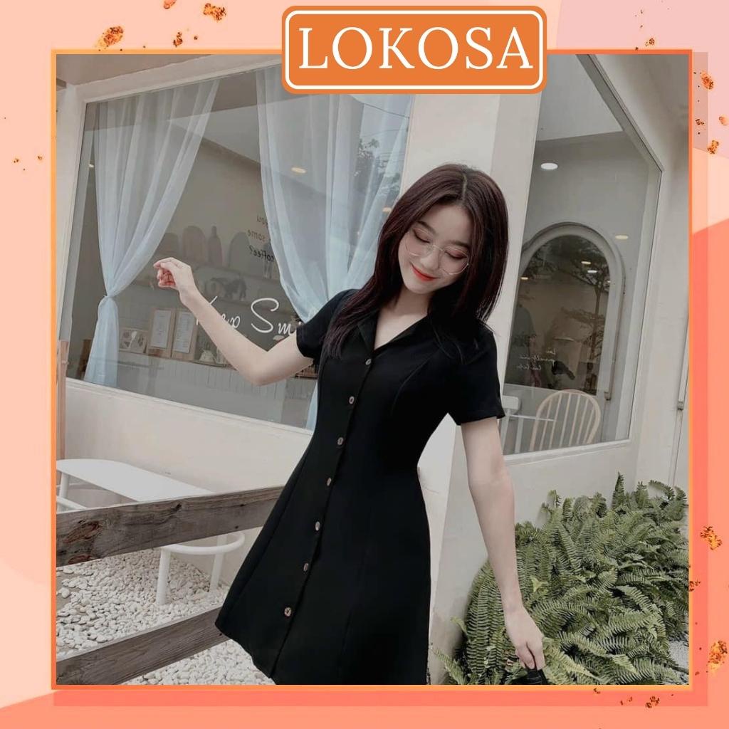 Đầm cổ vuông LOKOSA Váy tay ngắn Sơ Mi công sở dự tiệc chữ A phối nút chất liệu mềm mịn cao cấp VD085 | BigBuy360 - bigbuy360.vn