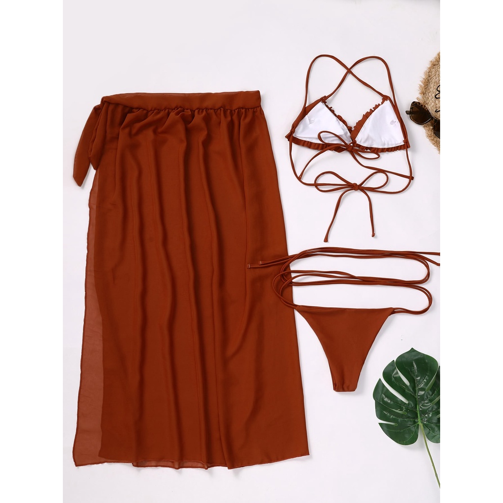 Bikini Tam Giác Dây Rút Kèm Váy Cover Up Dài Đi Biển Siêu Nâu Tây
