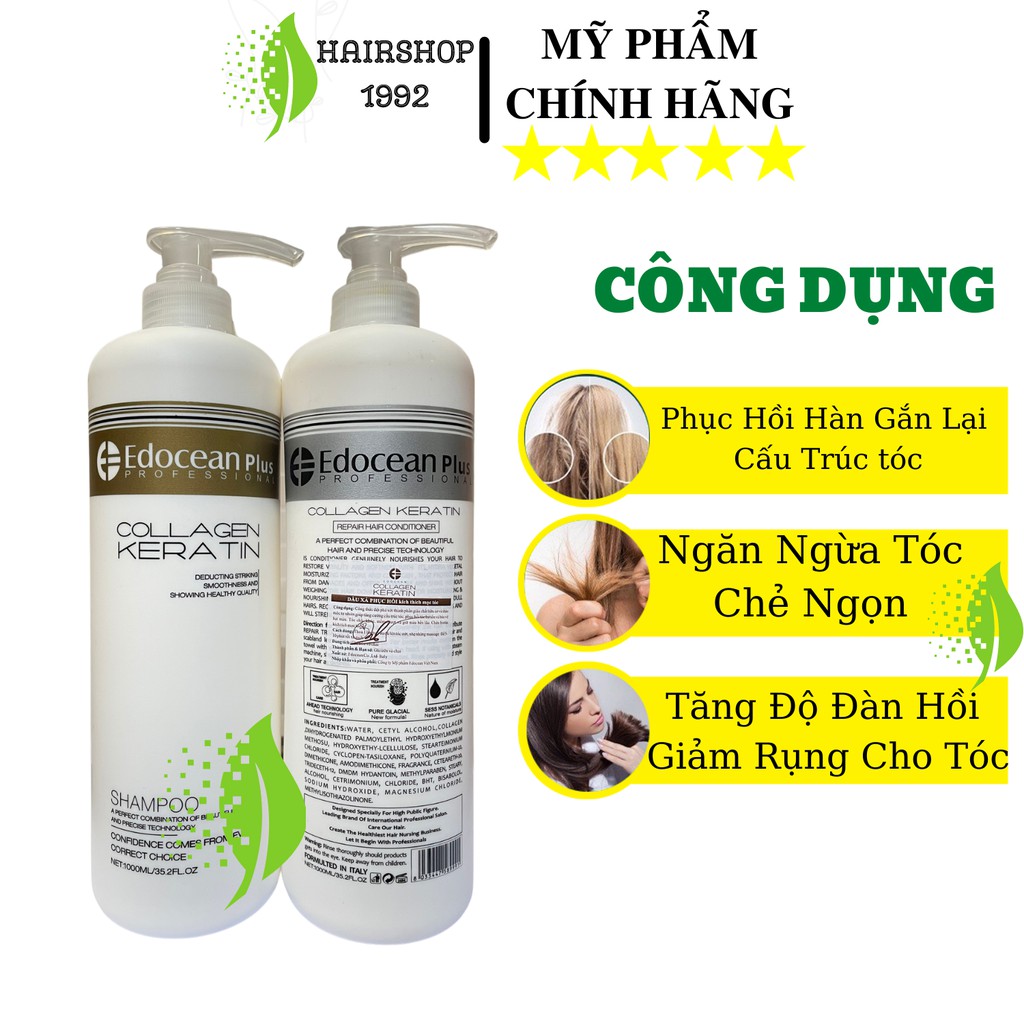 Cặp dầu gội keratin colagen EDOCEAN phục hồi tóc tái tạo cấu trúc tóc siêu mềm mượt , bộ dầu gội xả 1000ml * 2