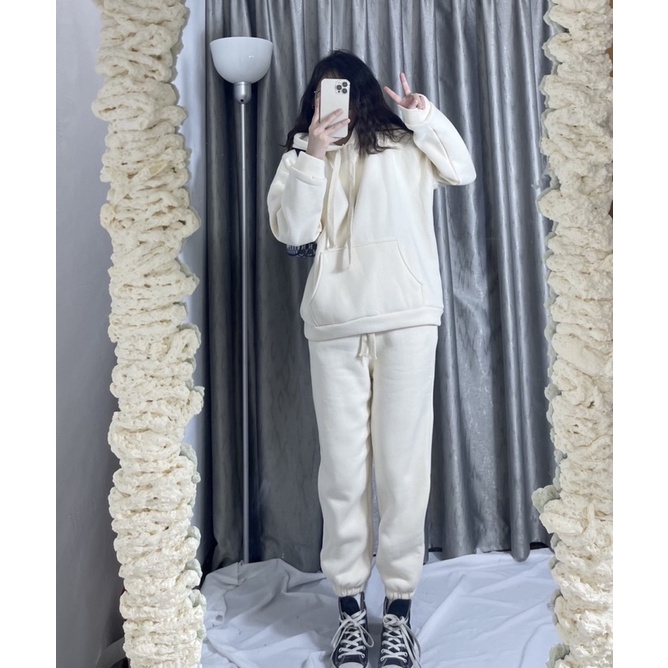 Bộ Hoodie Trơn Chất Nỉ Dày Dặn Dây Bản To Phong Cách Bassic - SINNA STORE