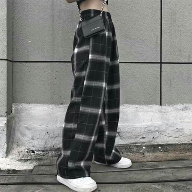 Quần Lưng Thun Sọc Caro Ống Rộng Ulzzang