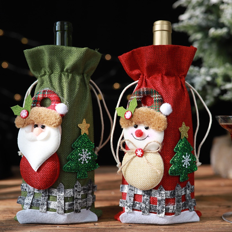 1 vỏ bọc chai rượu vang rút dây bằng vải lanh hình ông già noel trang trí bàn ăn giáng sinh