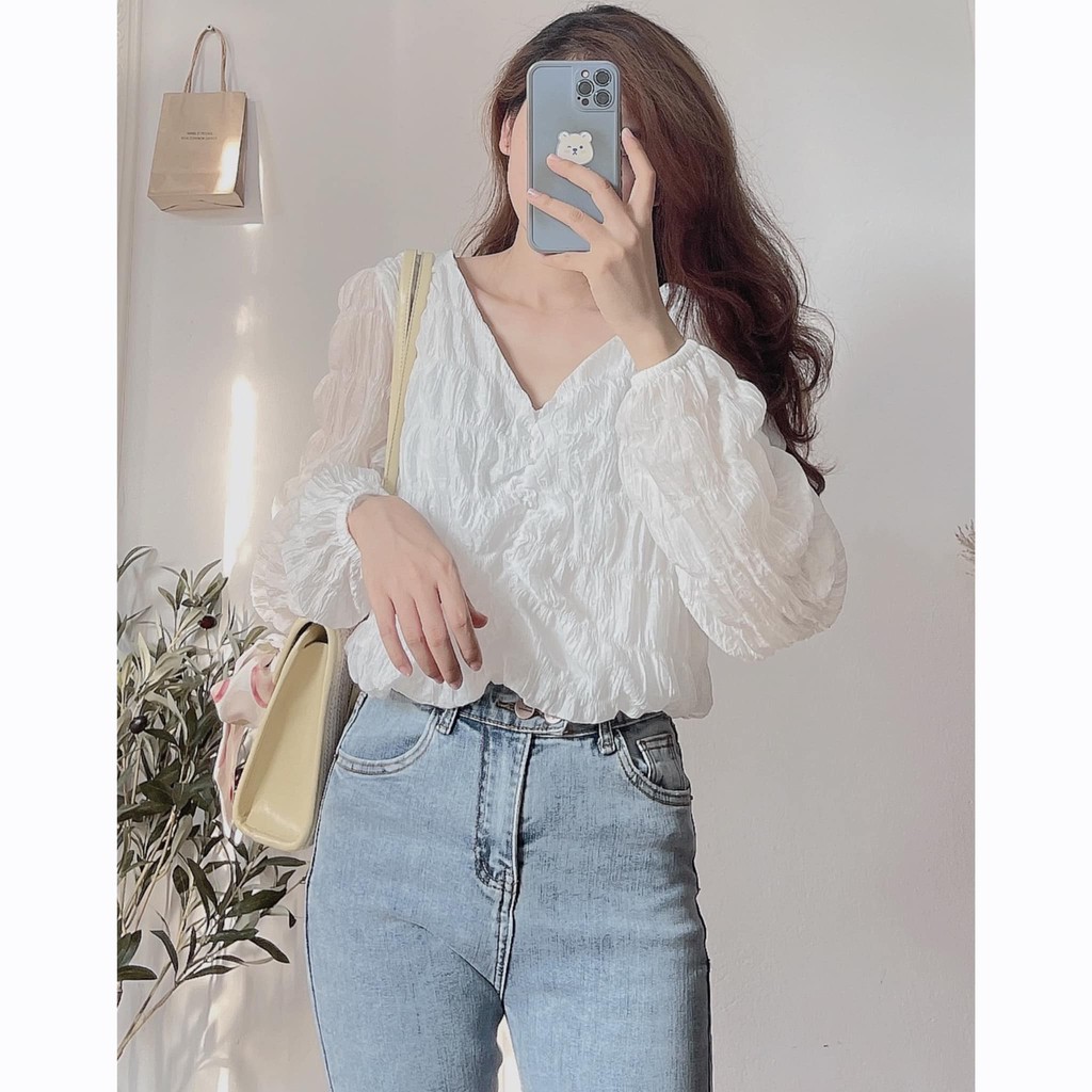 [Ảnh thật] Set áo cổ tim tay bồng mix short bo gấu ulzzang - set áo đũi xốp nhún ngực dài tay kèm quần đùi bo gấu