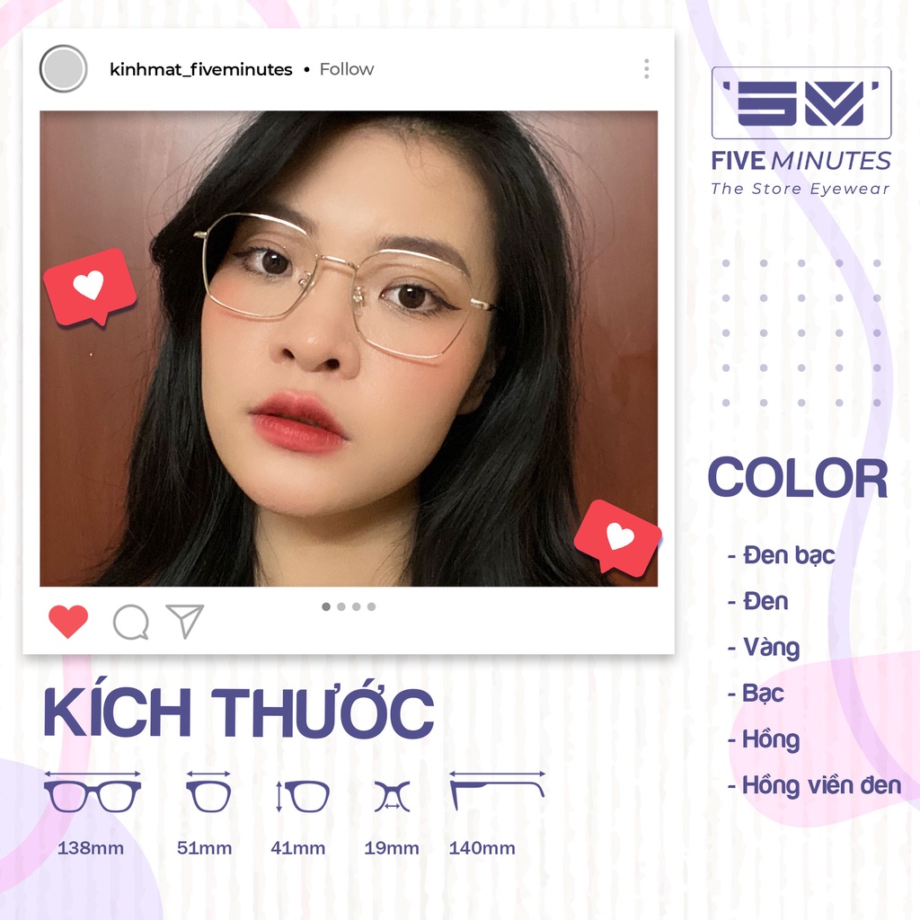 Gọng kính nam nữ, kim loại mảnh nhẹ dáng đa giác 72328 Siêu hot 2023 - Kính Mắt Five Minutes