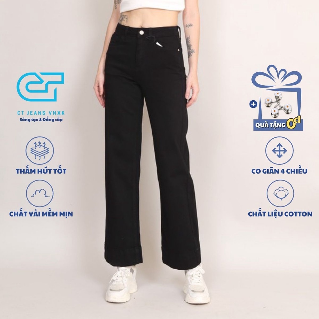 Quần Jean Nữ Ống Rộng Cạp Cao Co Giãn Trơn Gấu Tua Rua CT JEANS