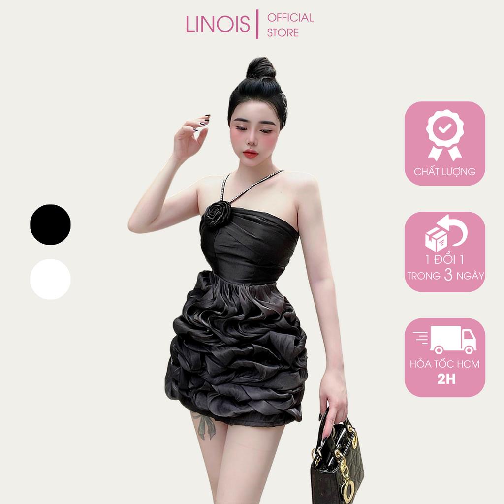 Đầm Body Dự Tiệc Cổ Yếm Kết Đá Ngực Hoa Xoắn Bèo Chân Váy Lạ Mắt - Vải Tơ + Lớp Lót - 2 Màu Đen, Trắng LINOIS