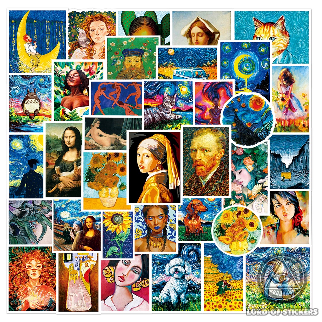 Set 50 Hình Dán Sticker Tranh Nghệ Thuật Van Gogh Chống Thấm Nước Trang Trí Mũ Bảo Hiểm, Ván Trượt, Laptop, Vali, Xe, Sổ