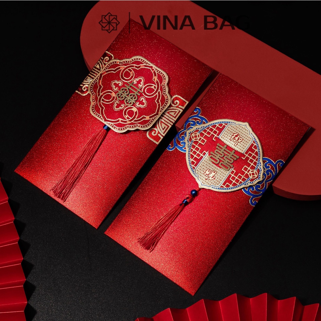 Bao lì xì cưới, chữ hỷ 3 chiều - giấy lụa nhũ cao cấp, bao cứng cáp, đứng form, lì xì đặt mâm tráp, lễ ăn hỏi hàng đẹp