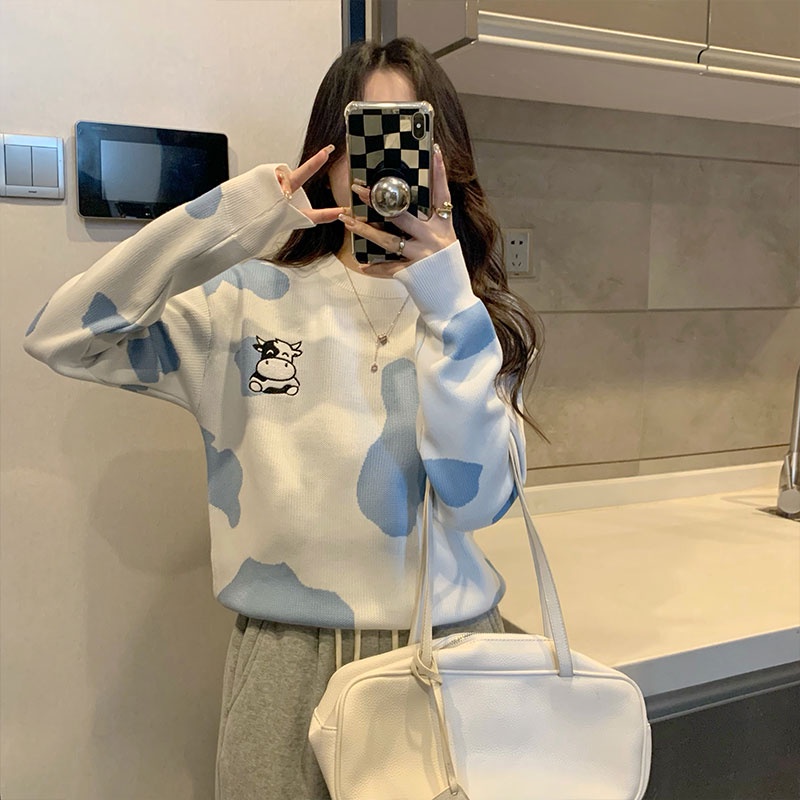 Áo len ZHELIHANGFEI tay dài dáng rộng họa tiết thêu dễ thương theo phong cách Preppy cho nữ