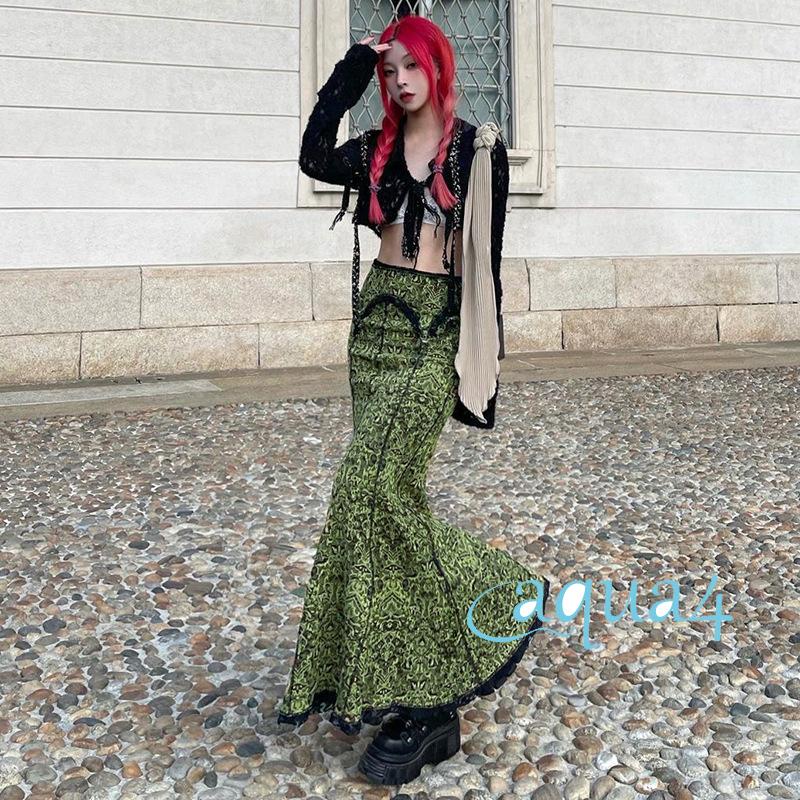 Chân Váy Maxi Lưng Cao Phối Ren Phong Cách Vintage Y2K Fairycore Grunge 2000s