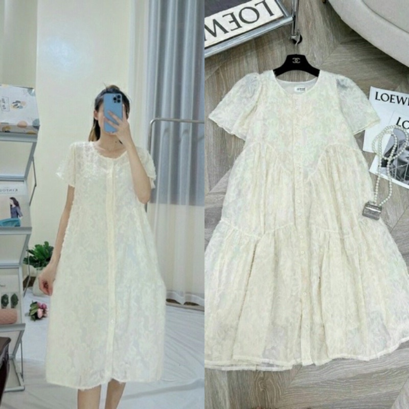 Váy đầm bầu mùa hè Mitamum cộc tay công sở ren pha lông mịn babydoll thiết kế cao cấp