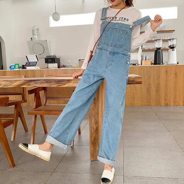 [Có sẵn S - XXL] Quần yếm jeans ống rộng dài phủ chân