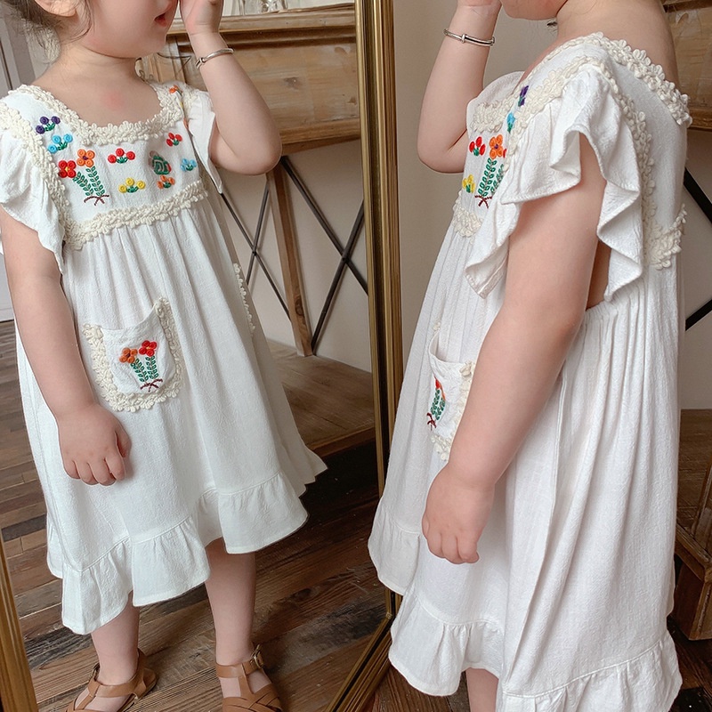 Đầm Công Chúa Không Tay Thêu Họa Tiết Bằng Cotton Cho Bé Gái