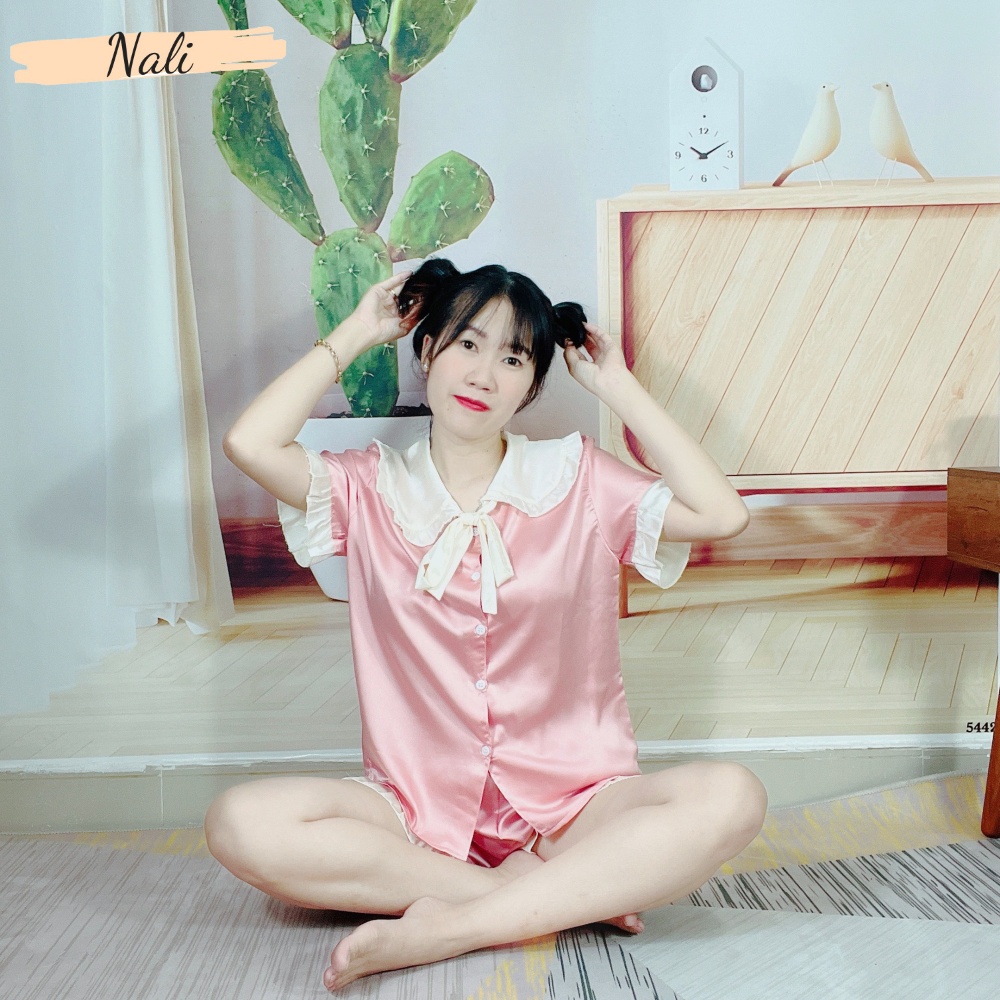 Bộ pijama satin mềm mát, bộ đồ ngủ cộc tay cổ thắt nơ công chúa dễ thương, mát mẻ hàng loại 1 NL139