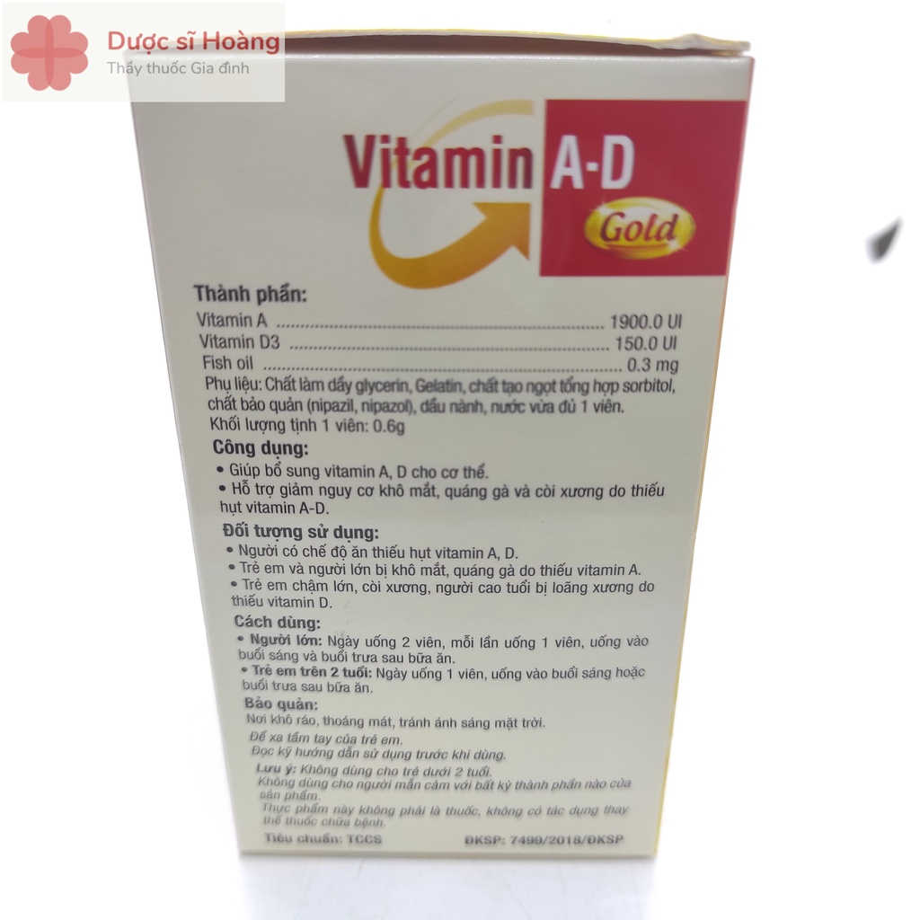 Vitamin A D Gold - Hỗ Trợ Giảm Khô Mắt,Quáng Gà và Còi Xương ở Trẻ Em, Loãng Xương -Hộp 100 viên