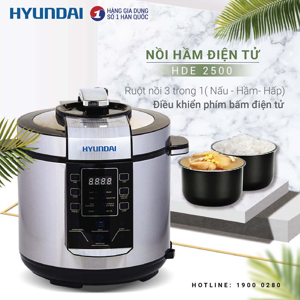 Nồi hầm điện tử Hyundai HDE-2500S, Dung tích 6L, Công suất 900W, Bảo hành 12 tháng