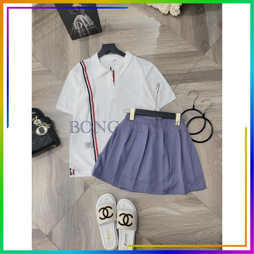 Set đồ nữ, Set chân váy kèm áo polo thom kẻ sọc hàng cao cấp siêu xinh.