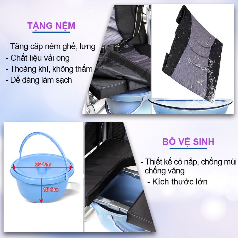 Xe lăn tay có đệm kèm bô vệ sinh NIKITA, cho người già người bệnh, chấn thương gặp khó khăn trong việc đi lại S213-3+