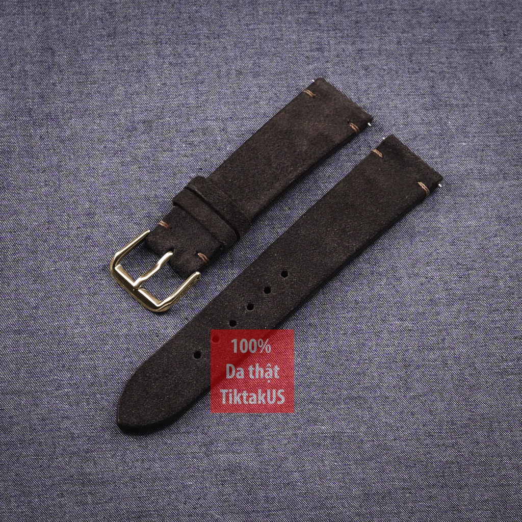 Dây đồng hồ nam da bò thật style Vintage khóa thép mạ vàng hồng Rose Gold không may chỉ viền, da lộn, nhiều màu, đủ size