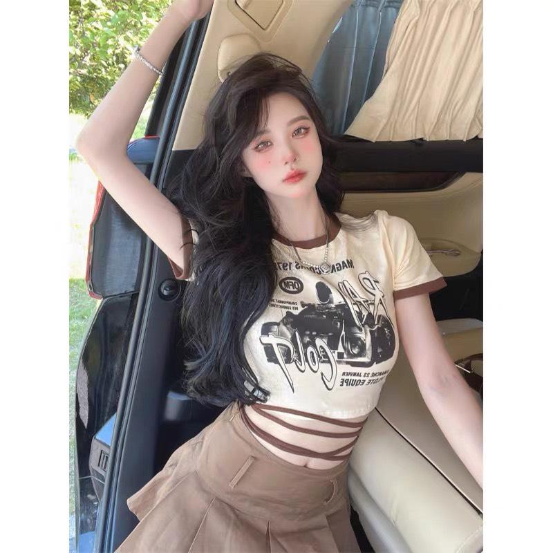 Áo Croptop Body Tay Ngắn ALOHASHOP91 Dáng Ôm Dây Đan Eo In Hình XINH XẮN