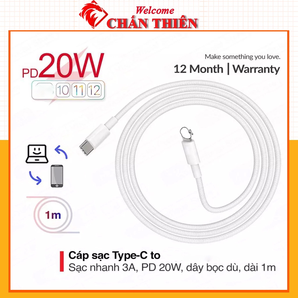 Dây cáp dù sạc nhanh PD 20W type C to Táo dài 1M Bảo hành 12 tháng - Phụ Kiện Chấn Thiên