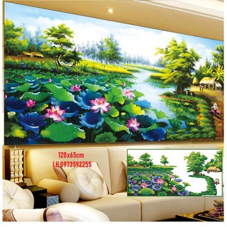 Tranh đính đá phong cảnh đầm sen yên bình 120x65cm