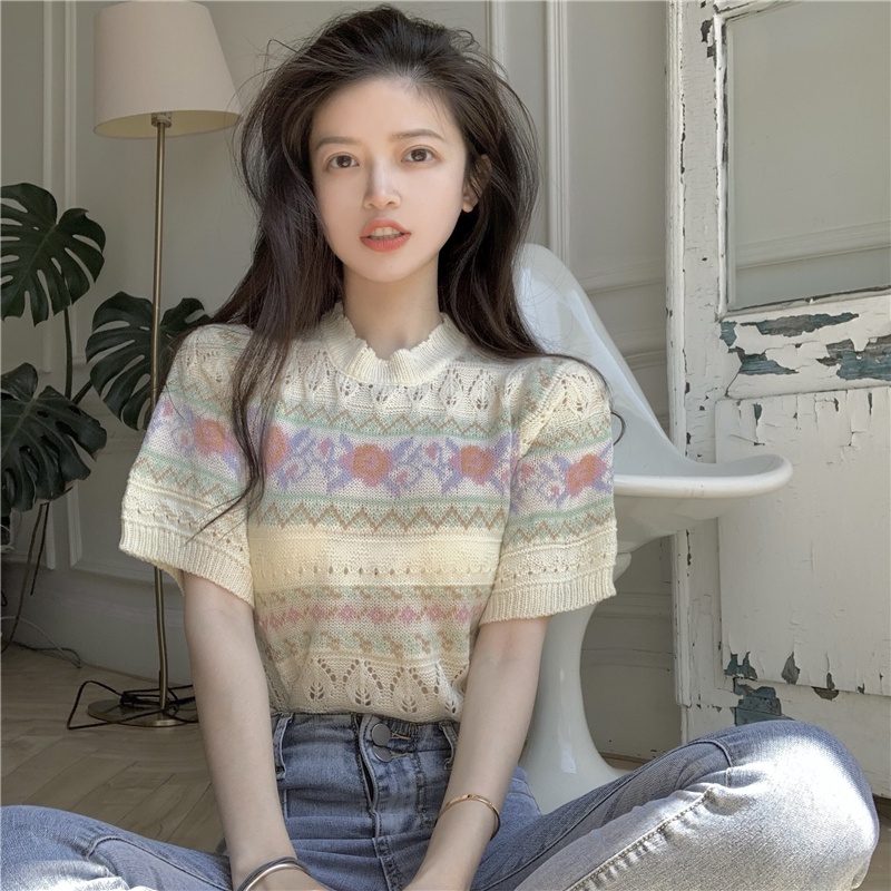 Áo sweater dệt kim tay ngắn mỏng ôm dáng vừa vặn thời trang mùa hè dành cho nữ 17513